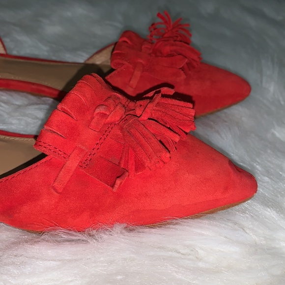 PUBLIC STORAGE TOOK J. CREW bright Red leather pointed Flats Sz 8 fringe suede - Picture 8 of 16